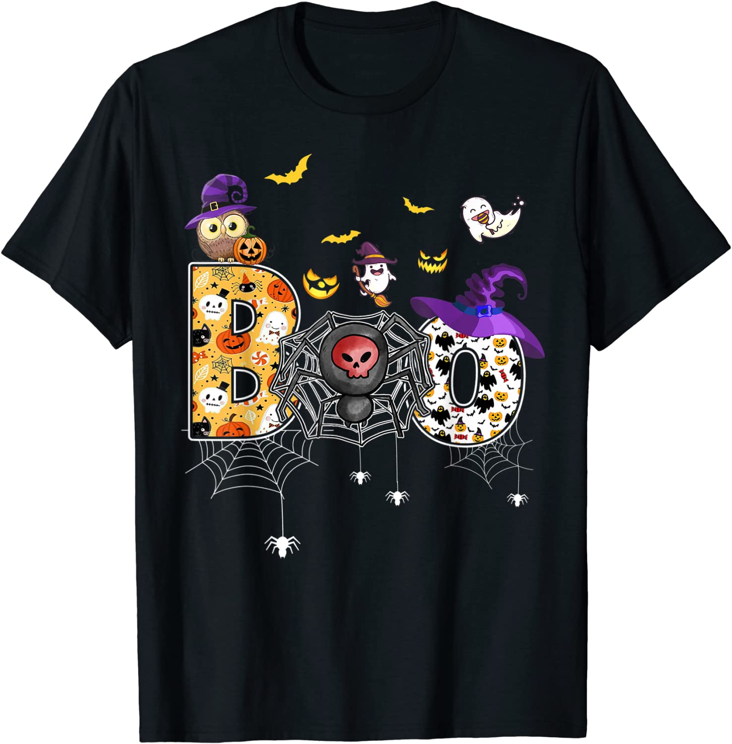 Halloween Costume Spooky Boo Owl Witch Hat Spiders T-Shirt