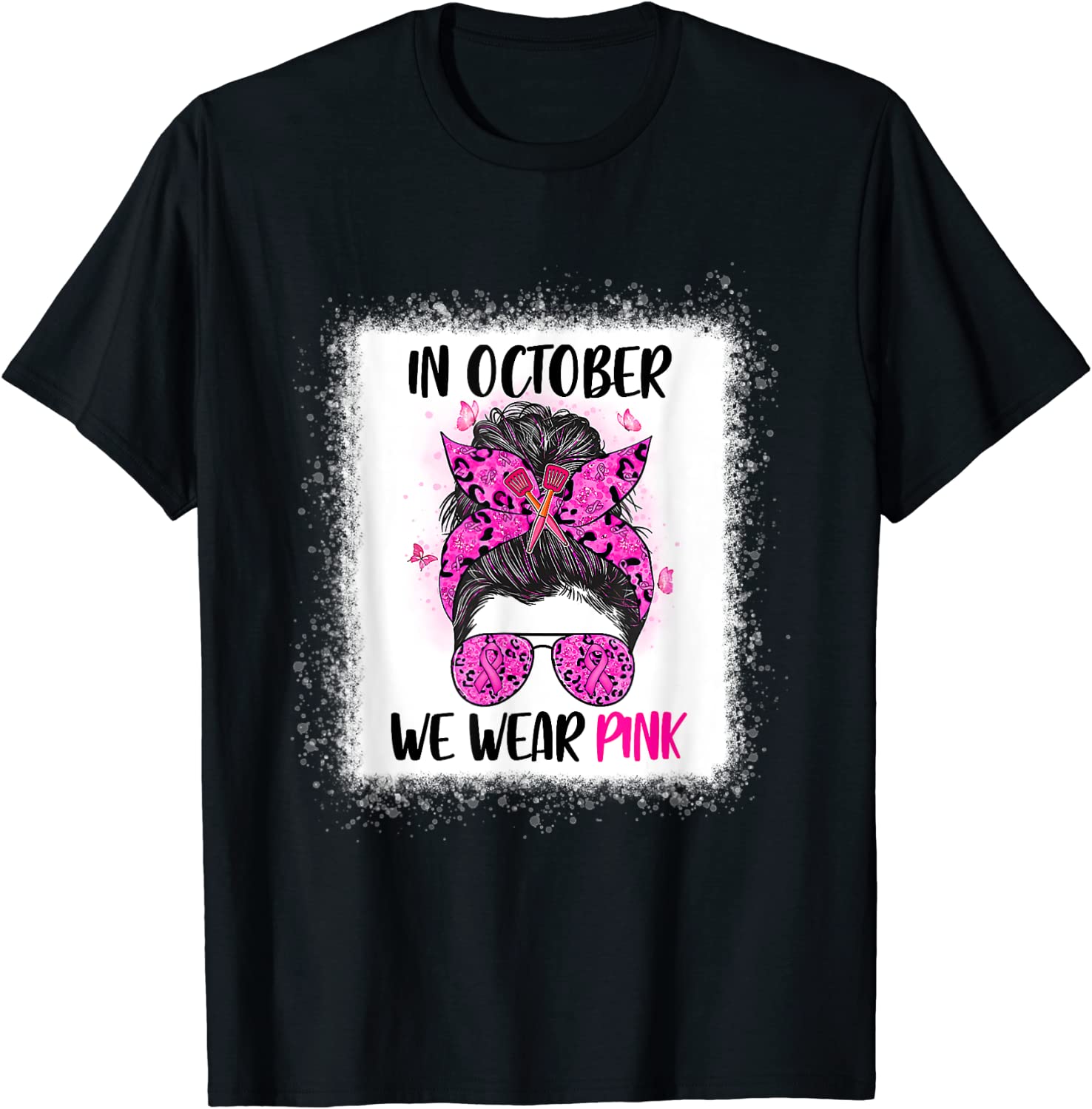 In October We Wear Pink Messy Bun Lunch Lady Breast Cancer Classic Shirt
