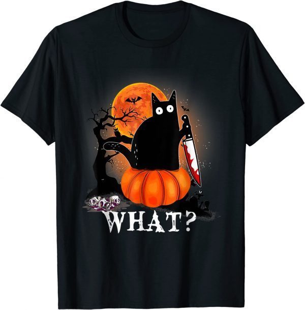 Killer Halloween Scary Moon Black Cat With Knife Pumpkin T-Shirt