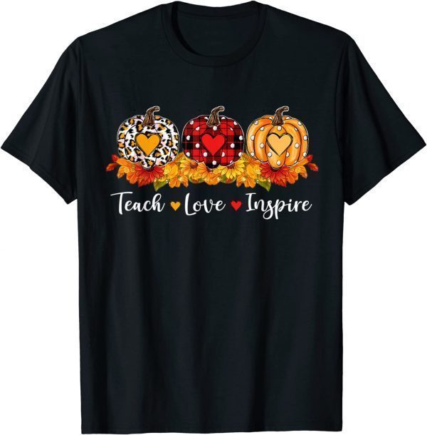 Teach Love Inspire Teacher Autumn Fall Leopard Plaid Pumpkin 2022 Shirt