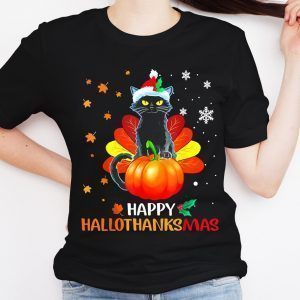 Happy Hallothanksmas Black Cat Halloween Thanksgiving Christmas 2022 Shirt