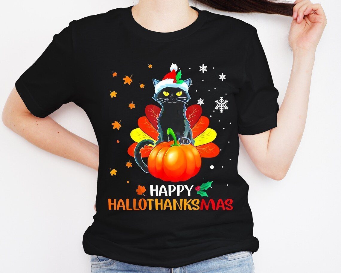Happy Hallothanksmas Black Cat Halloween Thanksgiving Christmas 2022 Shirt