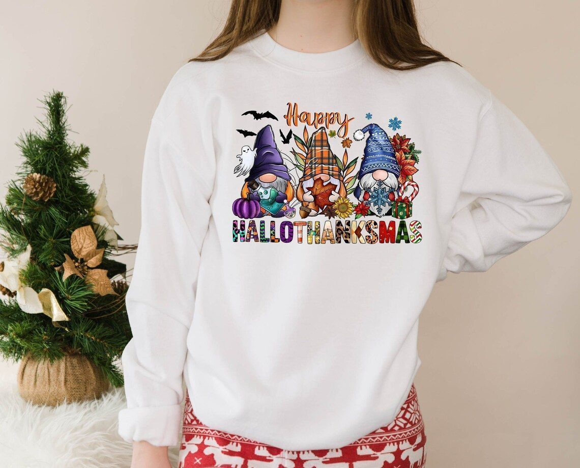 Happy Hallothanksmas Gnomes Halloween Thanksgiving Christmas 2022 Shirt