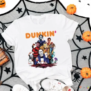 Horror Characters Dunkin' Donuts, Michael Myers and Jason Voorhees Drink Dunkin’ Donuts 2023 Shirt