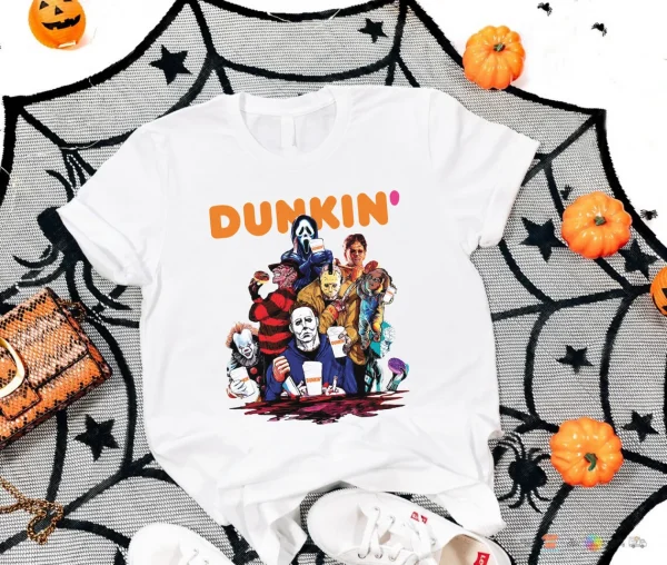 Horror Characters Dunkin' Donuts, Michael Myers and Jason Voorhees Drink Dunkin’ Donuts 2023 Shirt