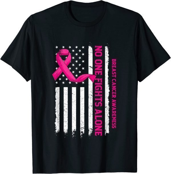 No One Fights Breast Cancer Alone US Flag Pink Ribbon 2023 Shirt