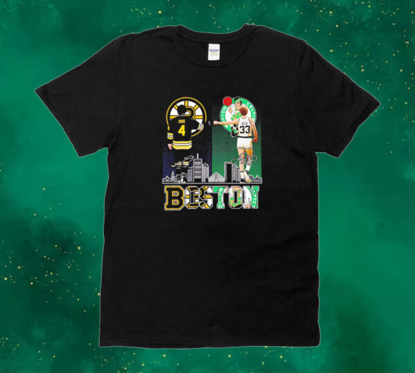 Boston Bobby Orr and Larry Bird legends signatures Tee shirt