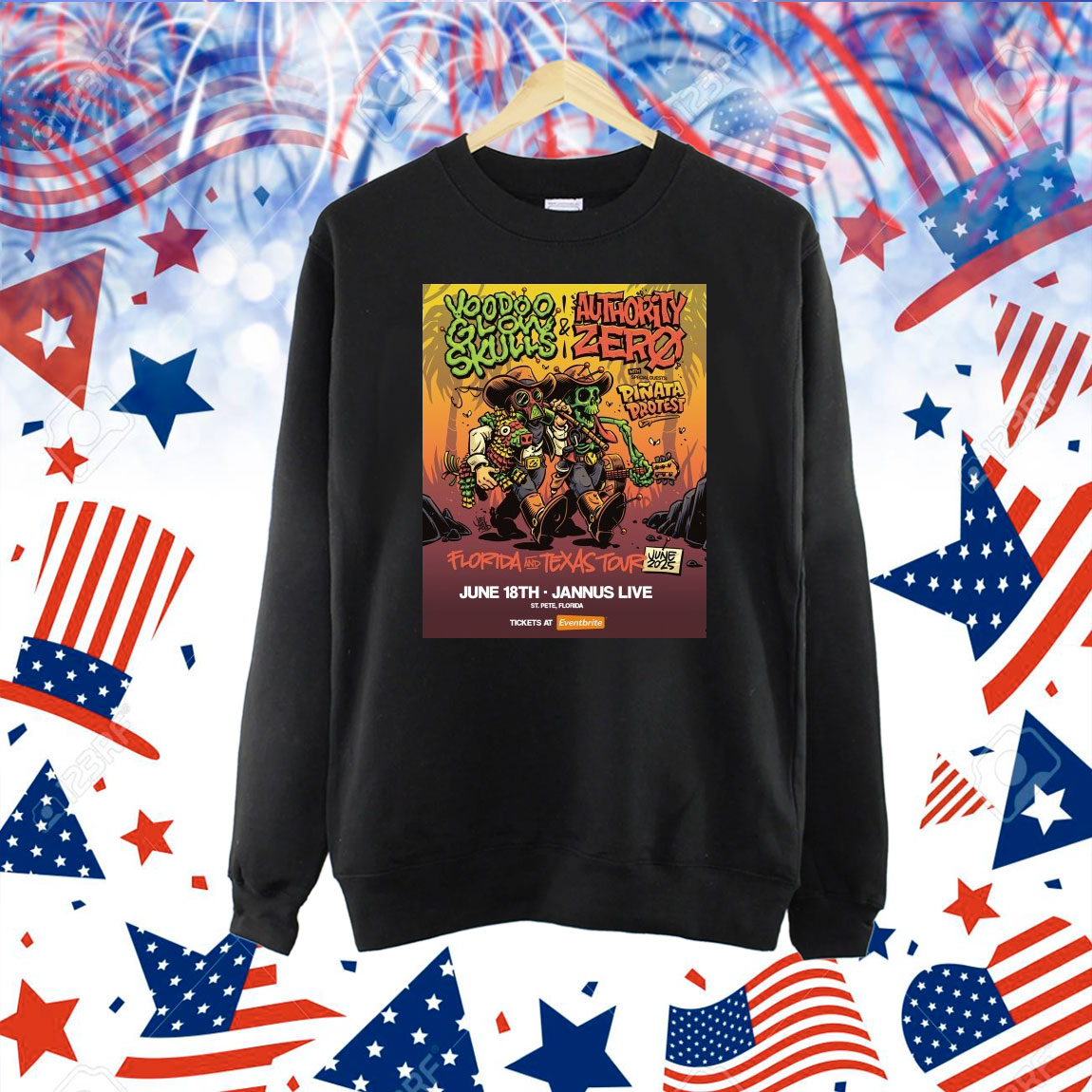 Official Voodoo Glow Skulls & Authority Zero Jun 18 2025 Jannus Live Cowboy Skeleton Shirt