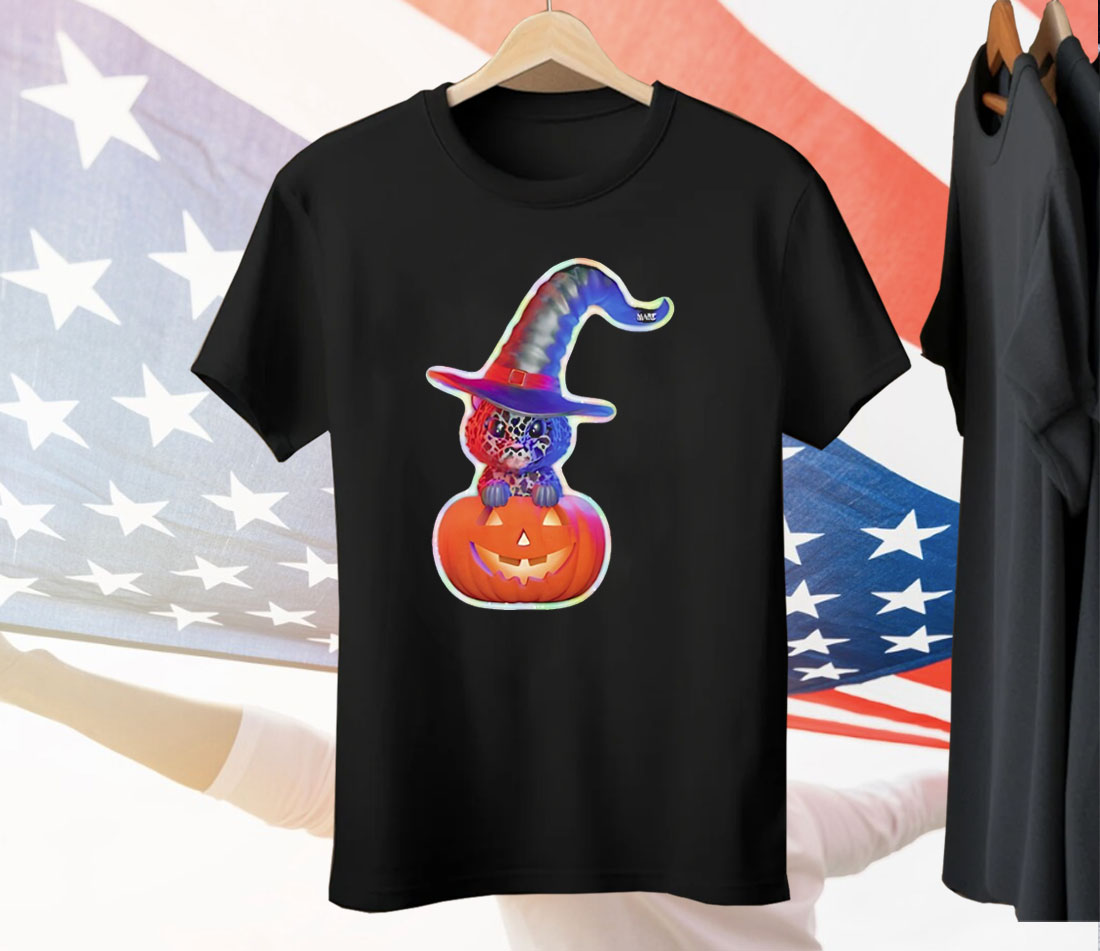 Cute Black Cat With Witch Hat In Pumpkin Tee Shirt