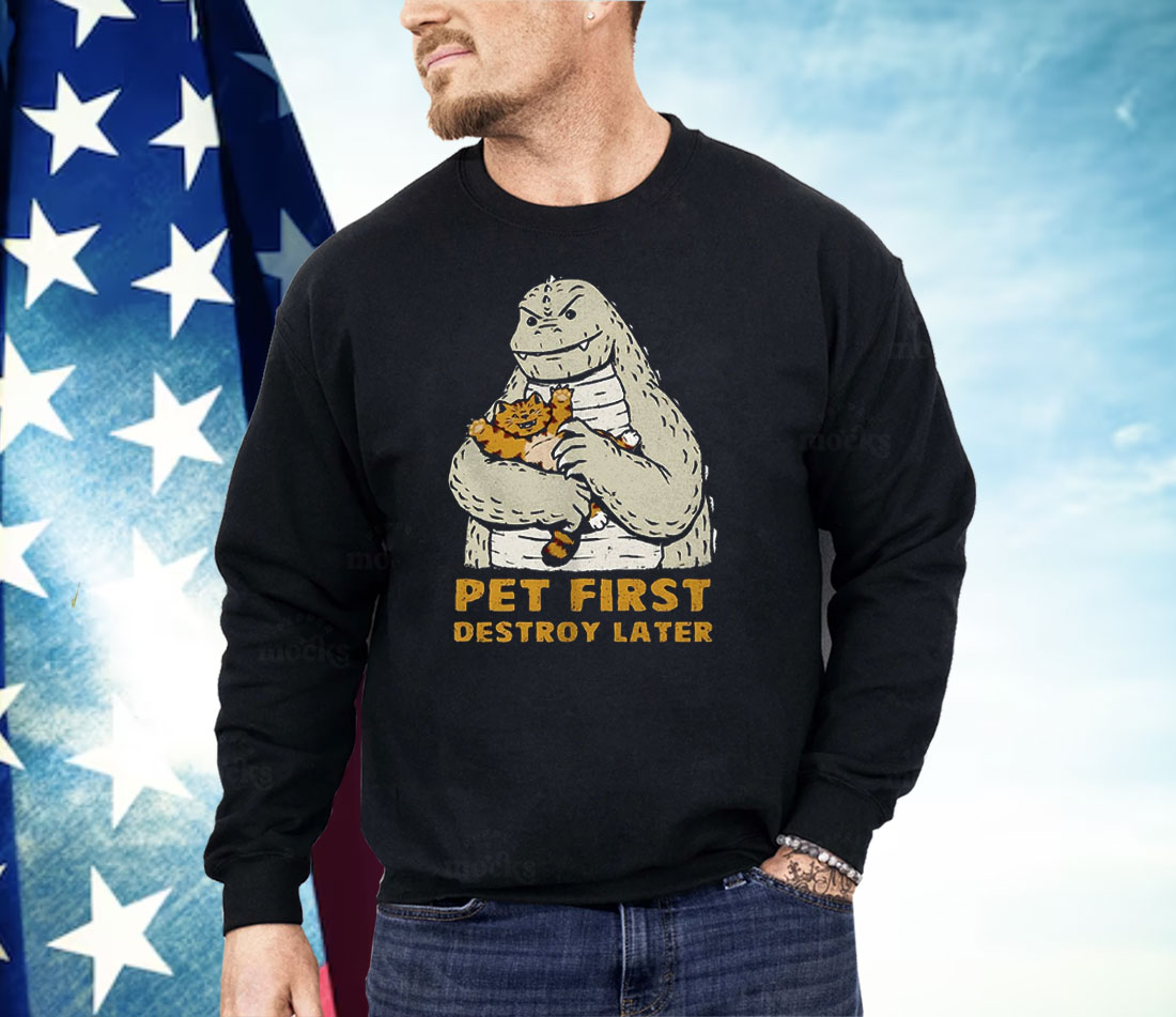Godzilla With A Cat Pet First Destroy Later Shirt