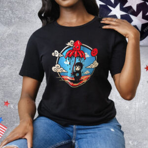 Cute Squid Umbrella Protecting Sad Girl Surreal Ocean Cartoon Tee Shirt